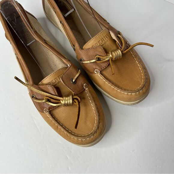 Stylish Tan Boat Shoes with Gold Accents - Picture 2 of 11